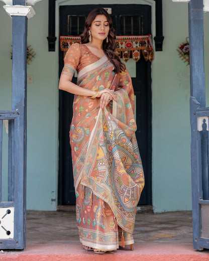 Terracotta Handloom Cotton Saree with Blooming Floral Print & Madhubani Fish Pallu