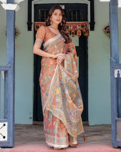 Terracotta Handloom Cotton Saree with Blooming Floral Print & Madhubani Fish Pallu