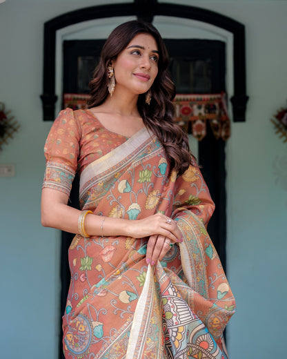 Terracotta Handloom Cotton Saree with Blooming Floral Print & Madhubani Fish Pallu