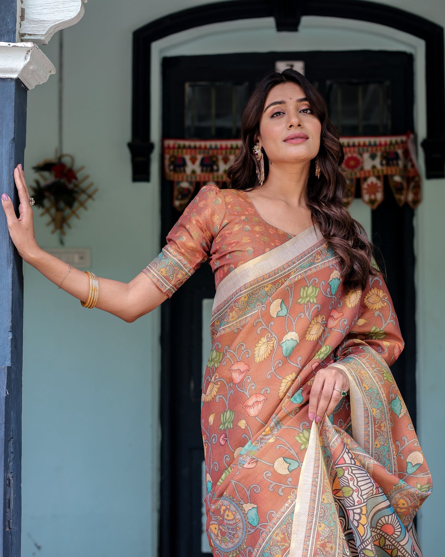 Terracotta Handloom Cotton Saree with Blooming Floral Print & Madhubani Fish Pallu