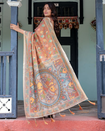 Terracotta Handloom Cotton Saree with Blooming Floral Print & Madhubani Fish Pallu