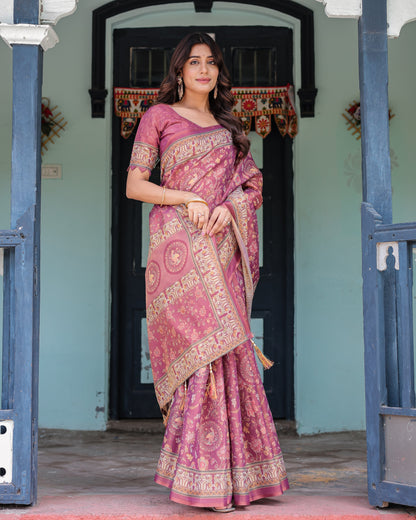 Plum Rose Handloom Cotton Saree with Floral Buttas & Traditional Peacock Medallion Pallu