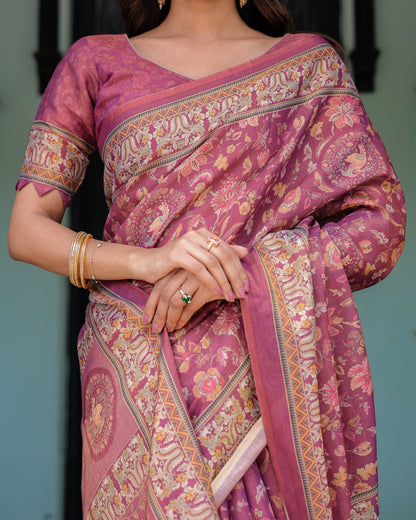 Plum Rose Handloom Cotton Saree with Floral Buttas & Traditional Peacock Medallion Pallu
