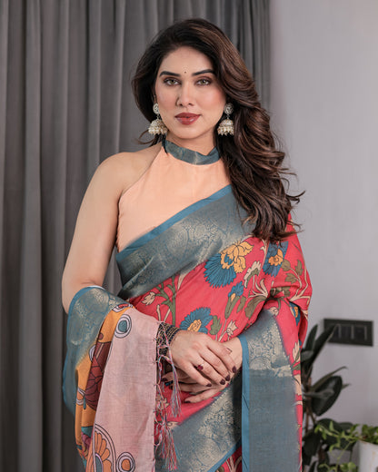 Multicolor Handloom Cotton Saree with Rajasthani Folk Dance Digital Print & Contrast Zari Border | Artistic Cultural Drape | 5.5m Saree + 0.8m Blouse