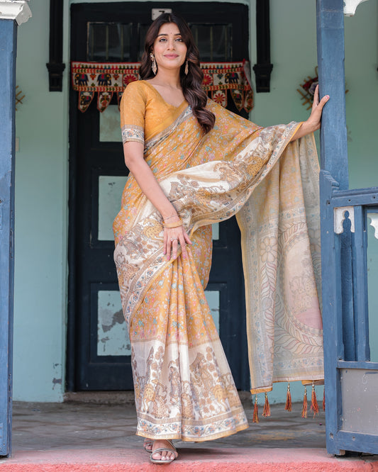 Golden Mustard Handloom Cotton Saree with Floral Vines & Graceful Deer Pallu