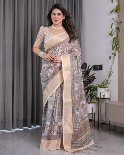 Beige Handloom Linen Saree with Tribal & Peacock Multicolor Digital Print | Traditional Art Pallu with Zari Border | 5.5m Saree + 0.8m Blouse