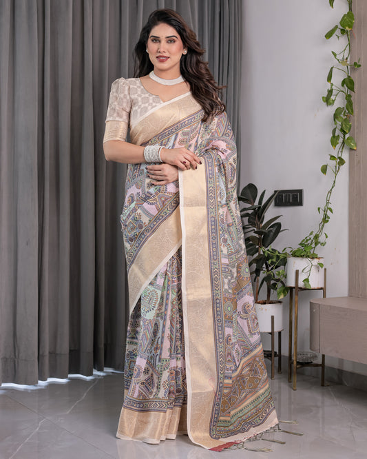 Beige Handloom Linen Saree with Tribal & Peacock Multicolor Digital Print | Traditional Art Pallu with Zari Border | 5.5m Saree + 0.8m Blouse
