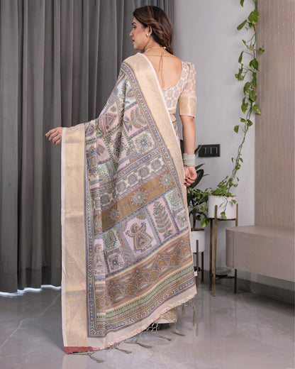 Beige Handloom Linen Saree with Tribal & Peacock Multicolor Digital Print | Traditional Art Pallu with Zari Border | 5.5m Saree + 0.8m Blouse