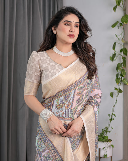 Beige Handloom Linen Saree with Tribal & Peacock Multicolor Digital Print | Traditional Art Pallu with Zari Border | 5.5m Saree + 0.8m Blouse