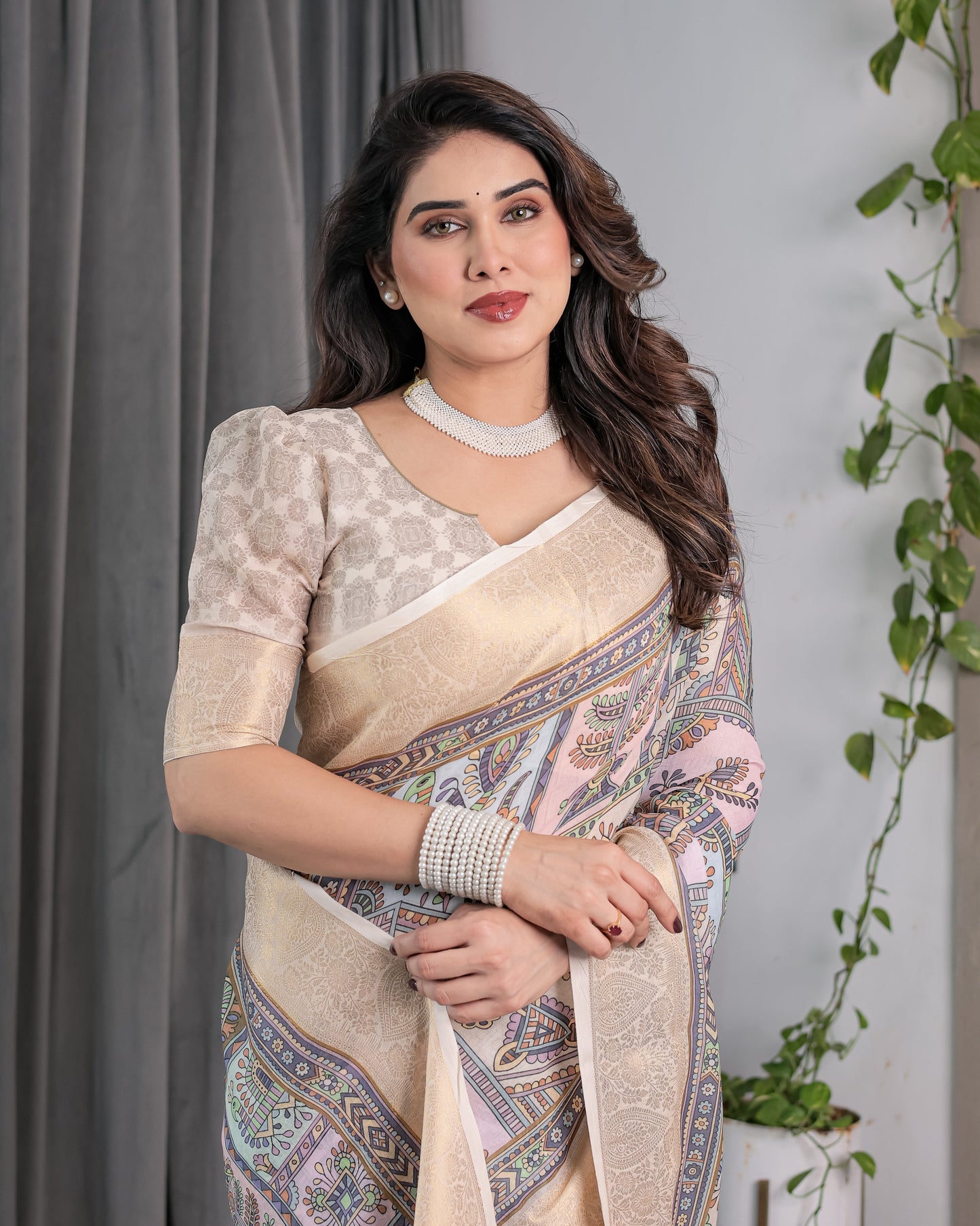 Beige Handloom Linen Saree with Tribal & Peacock Multicolor Digital Print | Traditional Art Pallu with Zari Border | 5.5m Saree + 0.8m Blouse