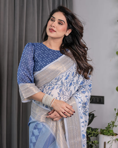 Sky Blue & White Handloom Linen Saree with Floral Vine Print, Geometric Pallu & Zari Border | 5.5m Saree + 0.8m Blouse