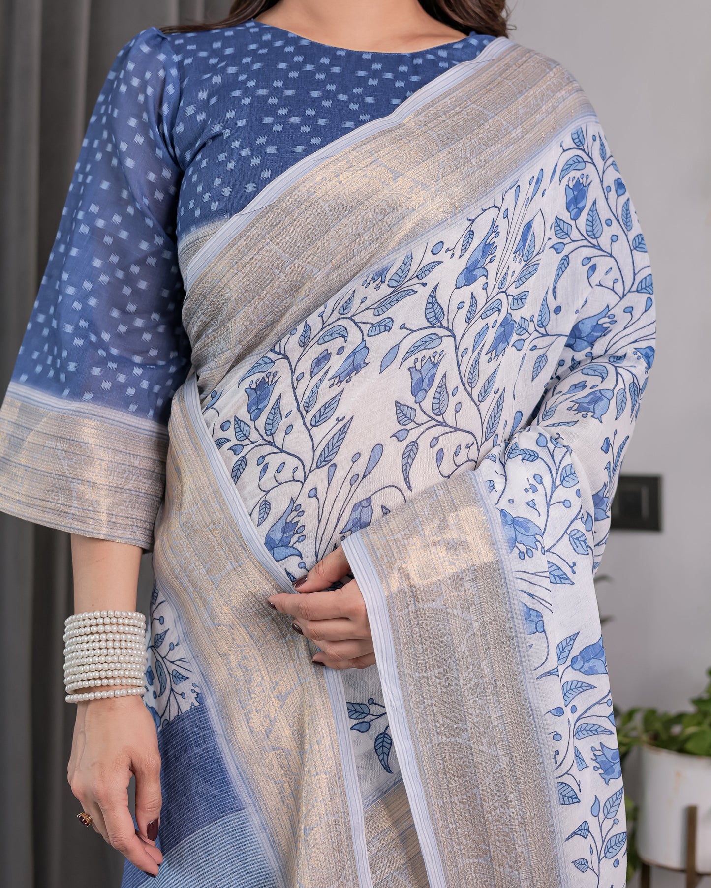 Sky Blue & White Handloom Linen Saree with Floral Vine Print, Geometric Pallu & Zari Border | 5.5m Saree + 0.8m Blouse