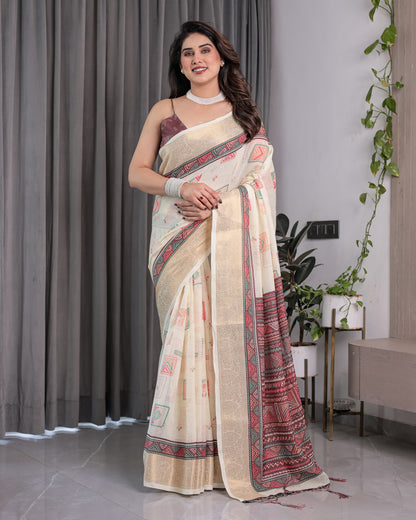 Ivory Handloom Linen Saree with Maroon Tribal Digital Print & Zari Border | Ethnic Chic | 5.5m Saree + 0.8m Blouse
