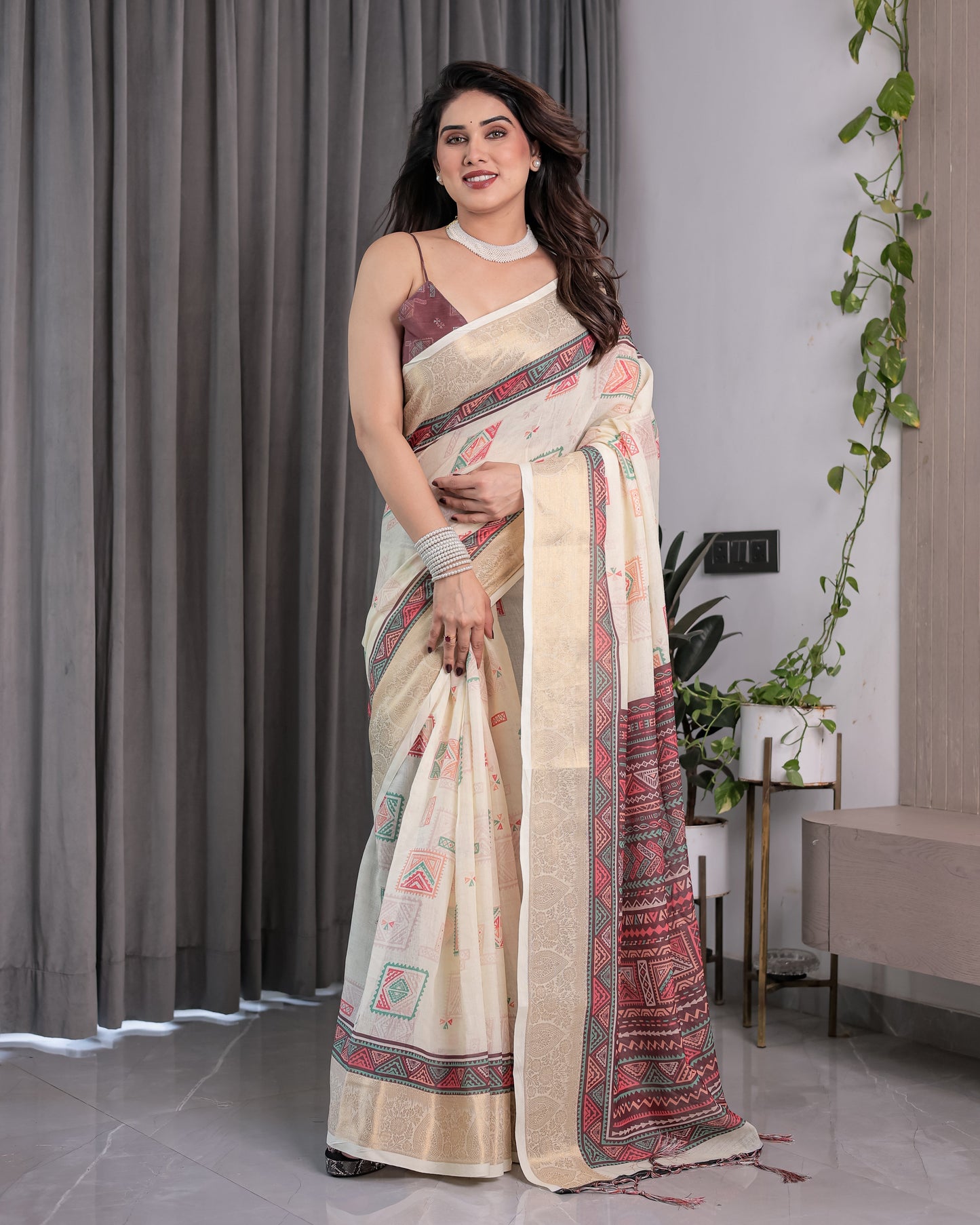 Ivory Handloom Linen Saree with Maroon Tribal Digital Print & Zari Border | Ethnic Chic | 5.5m Saree + 0.8m Blouse