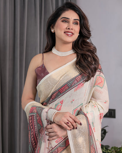 Ivory Handloom Linen Saree with Maroon Tribal Digital Print & Zari Border | Ethnic Chic | 5.5m Saree + 0.8m Blouse