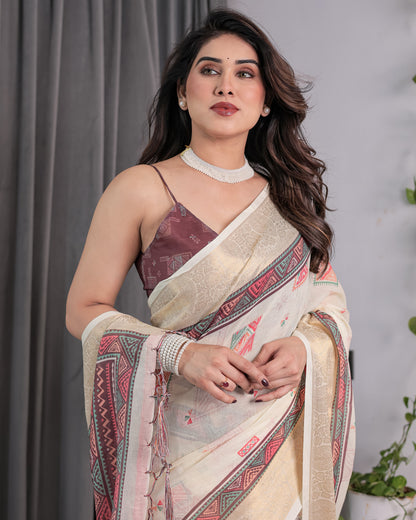 Ivory Handloom Linen Saree with Maroon Tribal Digital Print & Zari Border | Ethnic Chic | 5.5m Saree + 0.8m Blouse