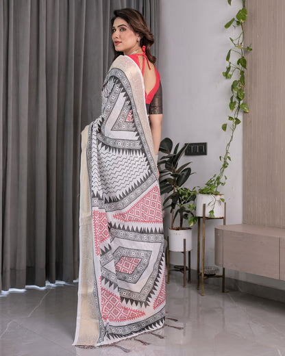 Ivory Handloom Linen Saree with Black & Red Geometric Tribal Print and Zari Border | Bold Ethnic Drape | 5.5m Saree + 0.8m Blouse