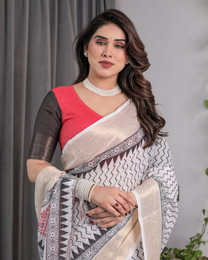 Ivory Handloom Linen Saree with Black & Red Geometric Tribal Print and Zari Border | Bold Ethnic Drape | 5.5m Saree + 0.8m Blouse