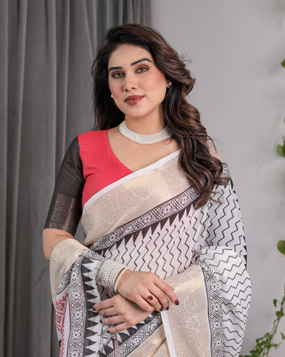 Ivory Handloom Linen Saree with Black & Red Geometric Tribal Print and Zari Border | Bold Ethnic Drape | 5.5m Saree + 0.8m Blouse