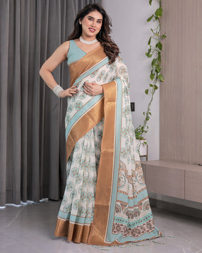 Ivory Handloom Linen Saree with Aqua Blue Mandala Motifs & Copper Zari Border | Artistic Printed Pallu & Tassels | 5.5m Saree + 0.8m Blouse
