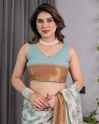 Ivory Handloom Linen Saree with Aqua Blue Mandala Motifs & Copper Zari Border | Artistic Printed Pallu & Tassels | 5.5m Saree + 0.8m Blouse