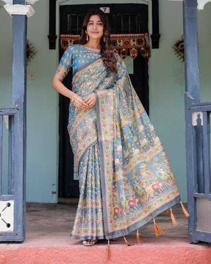 Divine Blue Handloom Cotton Saree with Shankh & Krishna Pallu Motifs – Temple Border & Tassels