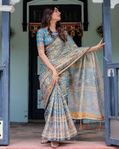 Divine Blue Handloom Cotton Saree with Shankh & Krishna Pallu Motifs – Temple Border & Tassels