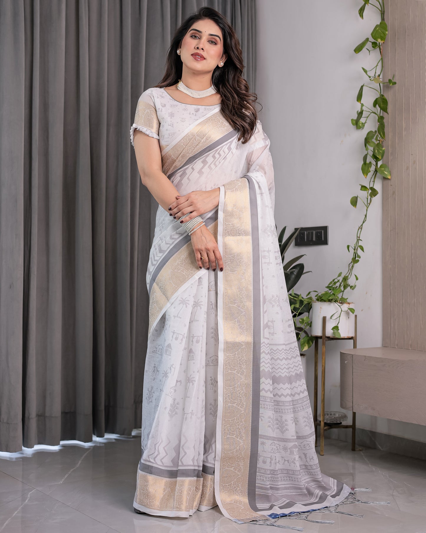 White & Grey Handloom Linen Saree with Tribal Village Print, Zari Borders & Tassel Pallu | 5.5m Saree + 0.8m Blouse