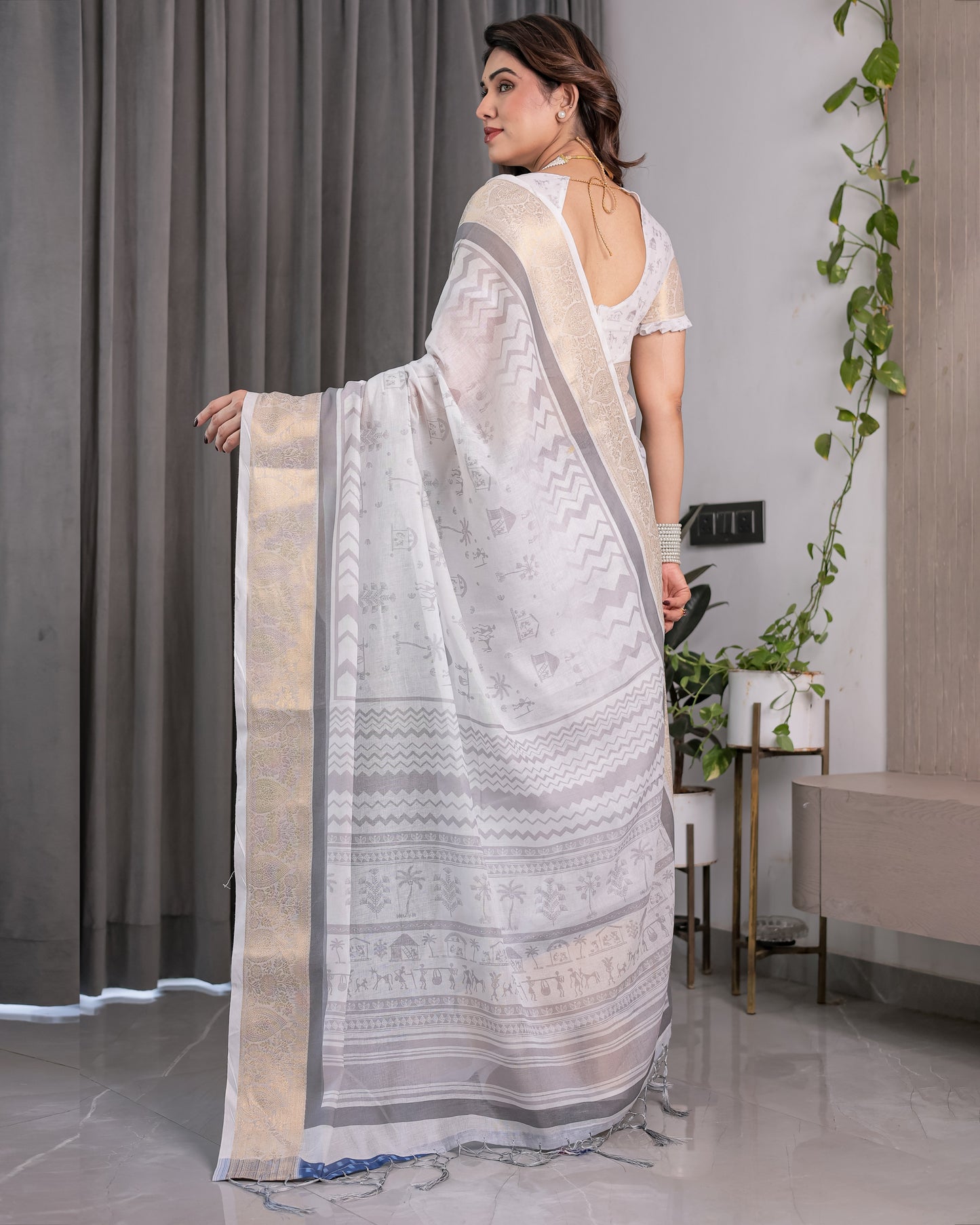 White & Grey Handloom Linen Saree with Tribal Village Print, Zari Borders & Tassel Pallu | 5.5m Saree + 0.8m Blouse