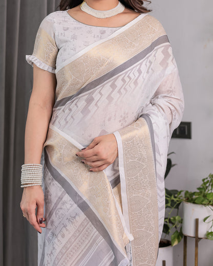 White & Grey Handloom Linen Saree with Tribal Village Print, Zari Borders & Tassel Pallu | 5.5m Saree + 0.8m Blouse