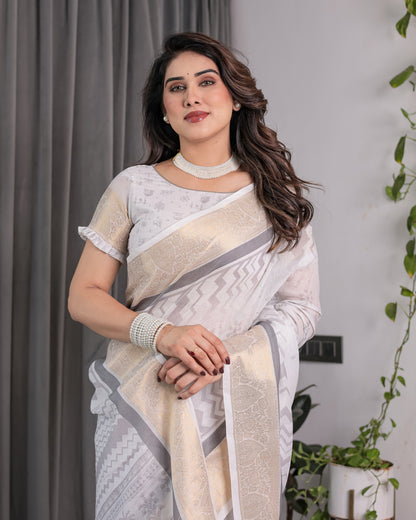 White & Grey Handloom Linen Saree with Tribal Village Print, Zari Borders & Tassel Pallu | 5.5m Saree + 0.8m Blouse