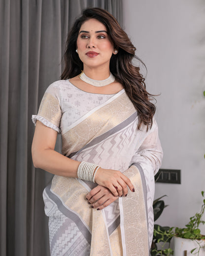White & Grey Handloom Linen Saree with Tribal Village Print, Zari Borders & Tassel Pallu | 5.5m Saree + 0.8m Blouse