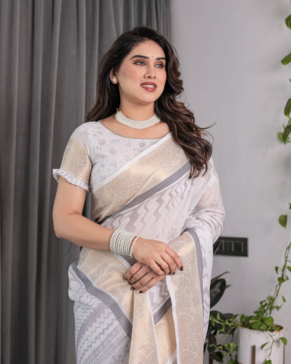 White & Grey Handloom Linen Saree with Tribal Village Print, Zari Borders & Tassel Pallu | 5.5m Saree + 0.8m Blouse