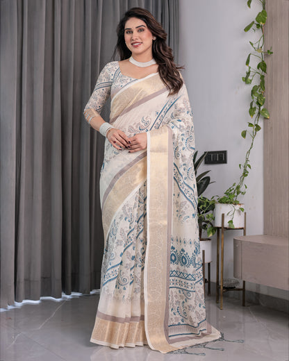 Ivory Beige Handloom Linen Saree with Teal Floral Buta & Paisley Border | Elegant Ethnic Printed Pallu & Zari Highlights | 5.5m Saree + 0.8m Blouse