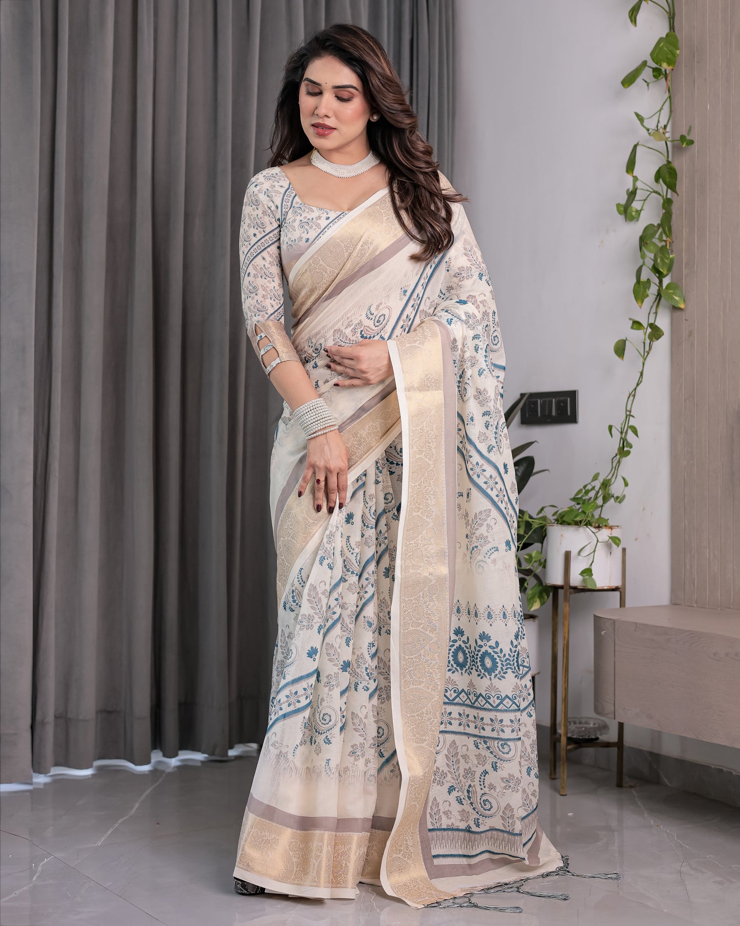 Ivory Beige Handloom Linen Saree with Teal Floral Buta & Paisley Border | Elegant Ethnic Printed Pallu & Zari Highlights | 5.5m Saree + 0.8m Blouse