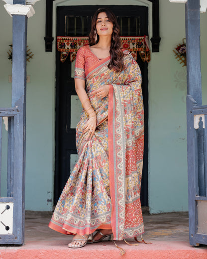 Rust Beige Handloom Cotton Saree with Vibrant Elephant Parade Print & Red Floral Pallu