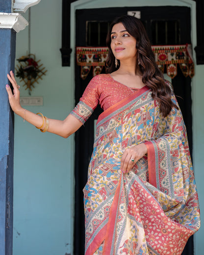Rust Beige Handloom Cotton Saree with Vibrant Elephant Parade Print & Red Floral Pallu