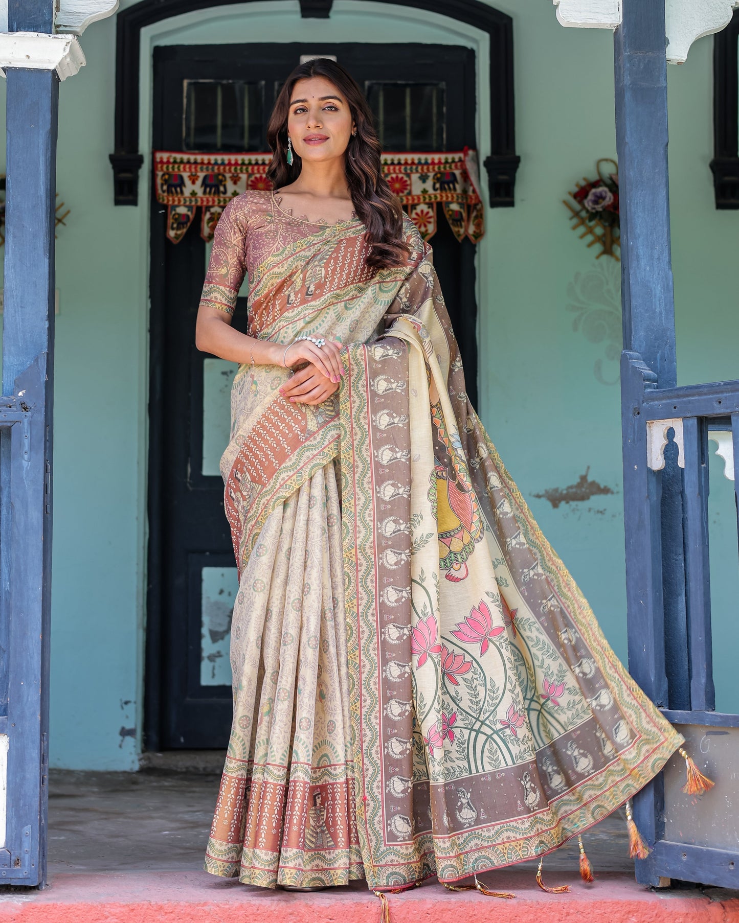 Ivory Brown Handloom Cotton Saree with Classical Dancer Motifs & Madhubani-Inspired Pallu