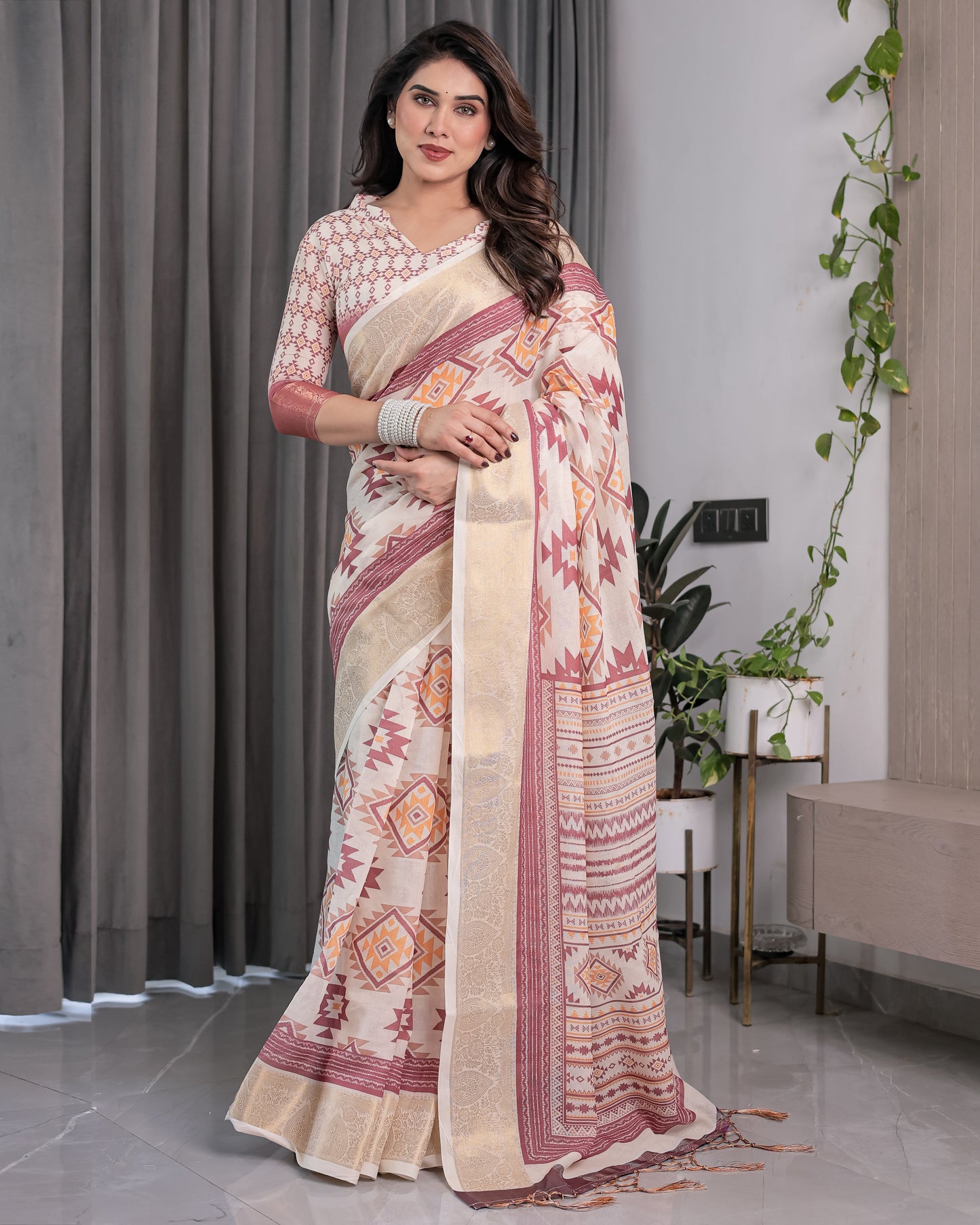 Beige Handloom Linen Saree with Maroon Tribal Geometric Digital Print & Zari Border | Festive Drape | 5.5m Saree + 0.8m Blouse