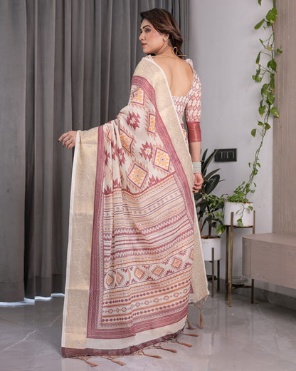 Beige Handloom Linen Saree with Maroon Tribal Geometric Digital Print & Zari Border | Festive Drape | 5.5m Saree + 0.8m Blouse