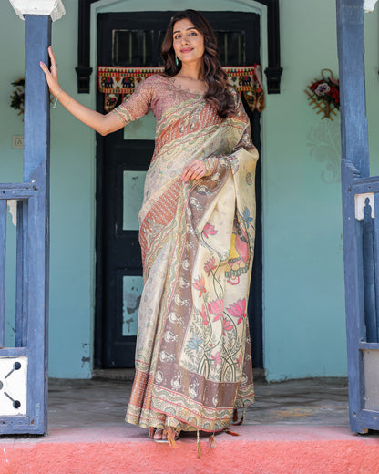 Ivory Brown Handloom Cotton Saree with Classical Dancer Motifs & Madhubani-Inspired Pallu