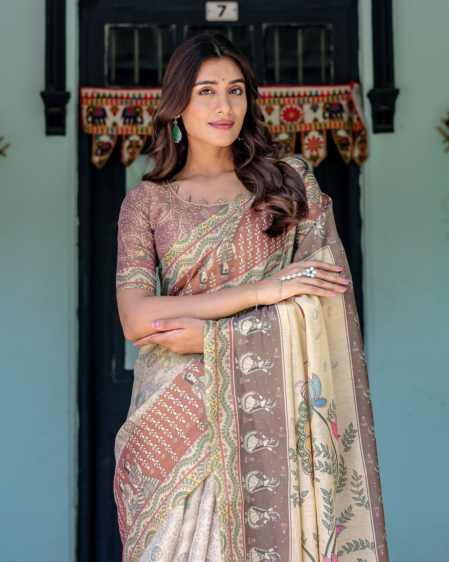 Ivory Brown Handloom Cotton Saree with Classical Dancer Motifs & Madhubani-Inspired Pallu