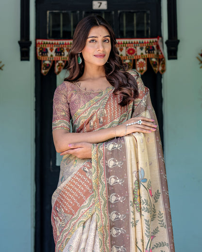 Ivory Brown Handloom Cotton Saree with Classical Dancer Motifs & Madhubani-Inspired Pallu
