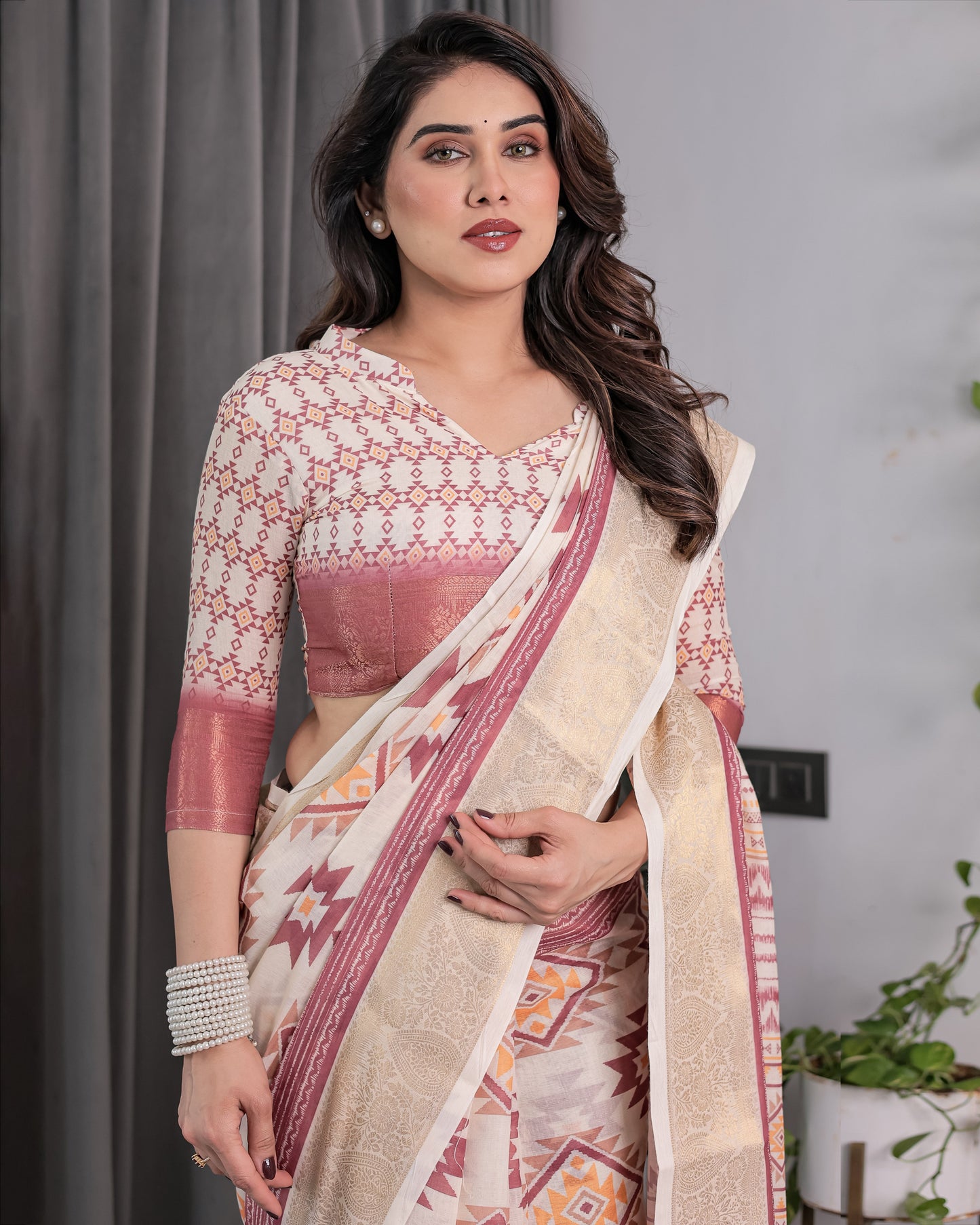Beige Handloom Linen Saree with Maroon Tribal Geometric Digital Print & Zari Border | Festive Drape | 5.5m Saree + 0.8m Blouse