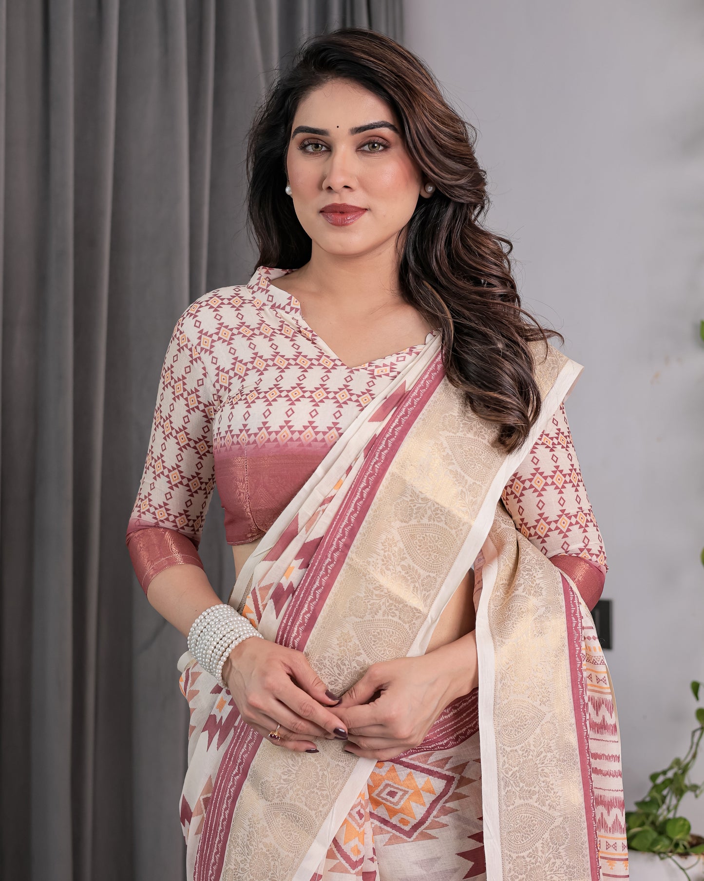 Beige Handloom Linen Saree with Maroon Tribal Geometric Digital Print & Zari Border | Festive Drape | 5.5m Saree + 0.8m Blouse