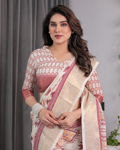 Beige Handloom Linen Saree with Maroon Tribal Geometric Digital Print & Zari Border | Festive Drape | 5.5m Saree + 0.8m Blouse
