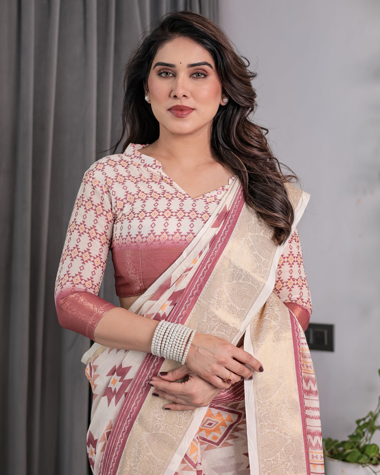 Beige Handloom Linen Saree with Maroon Tribal Geometric Digital Print & Zari Border | Festive Drape | 5.5m Saree + 0.8m Blouse