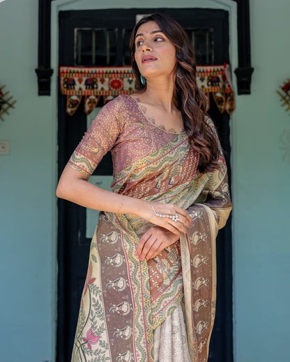 Ivory Brown Handloom Cotton Saree with Classical Dancer Motifs & Madhubani-Inspired Pallu