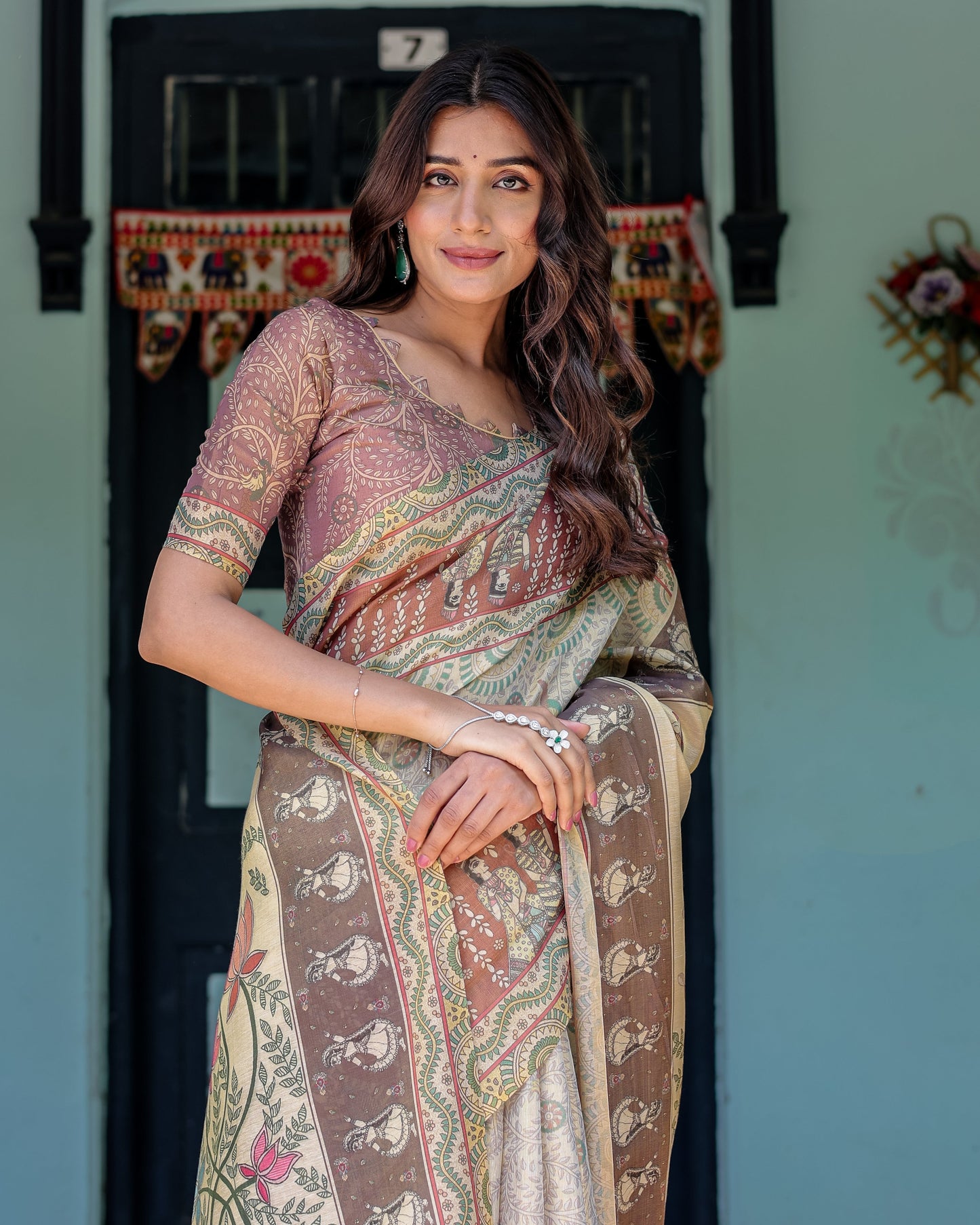Ivory Brown Handloom Cotton Saree with Classical Dancer Motifs & Madhubani-Inspired Pallu