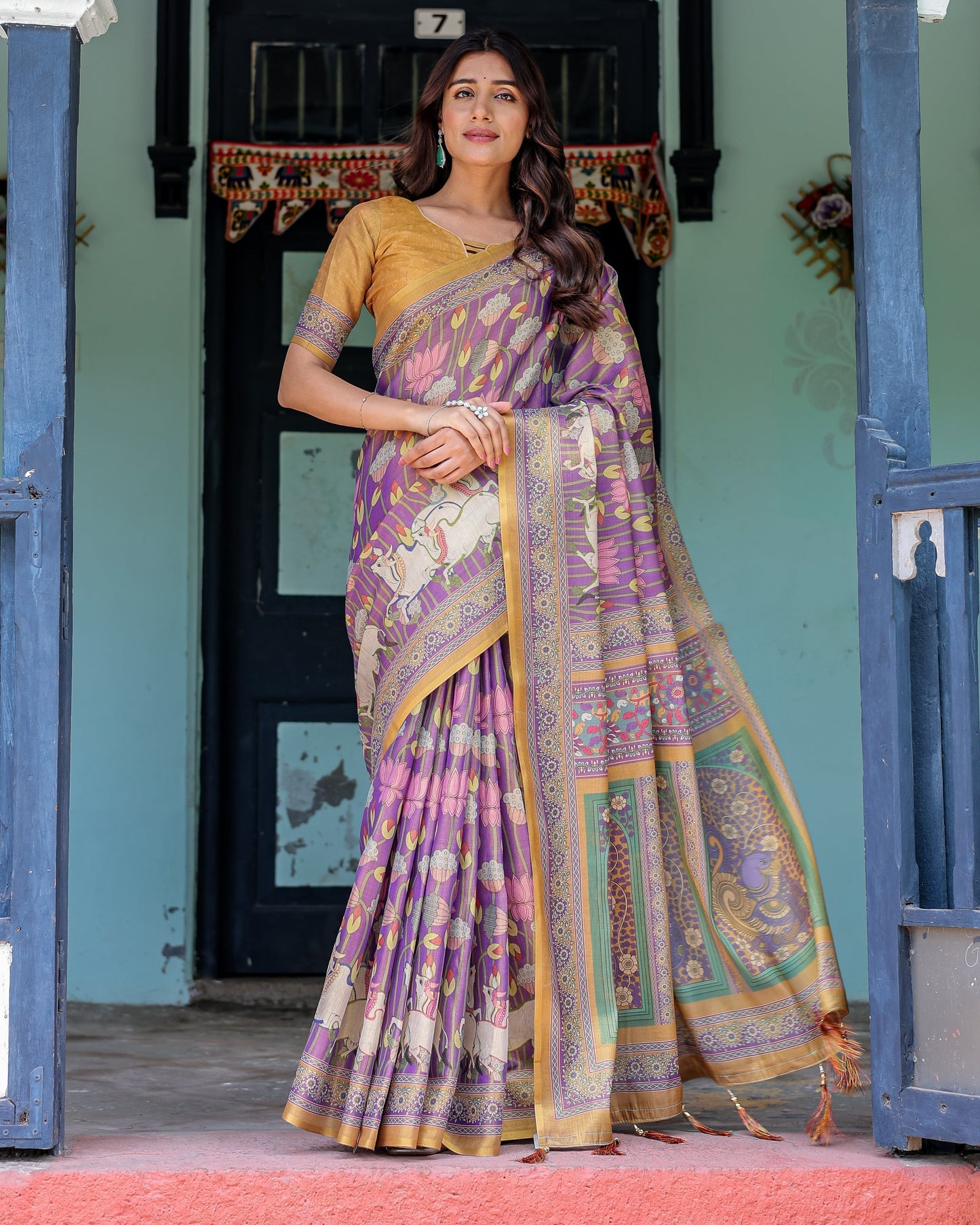 Royal Violet Handloom Cotton Saree with Cow Motifs & Temple Pallu Art